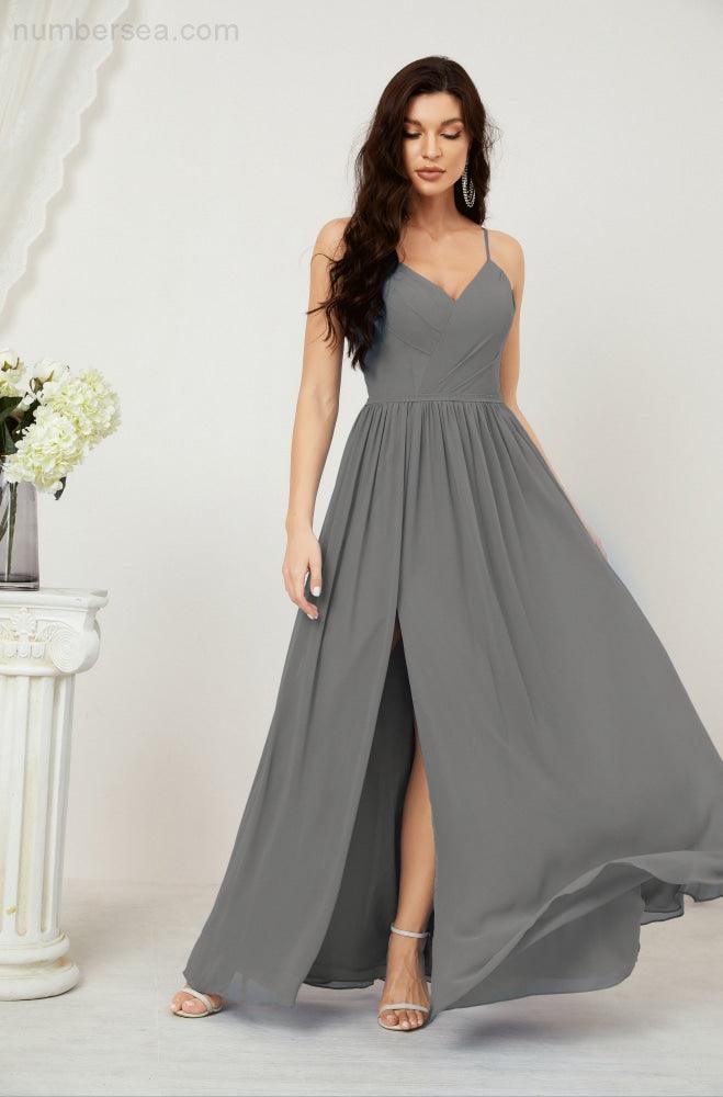 Baoleely  Neck Bridesmaid Dresses Chiffon Long Spaghetti A-line Formal Prom Gown for Wedding Party Evening 2801