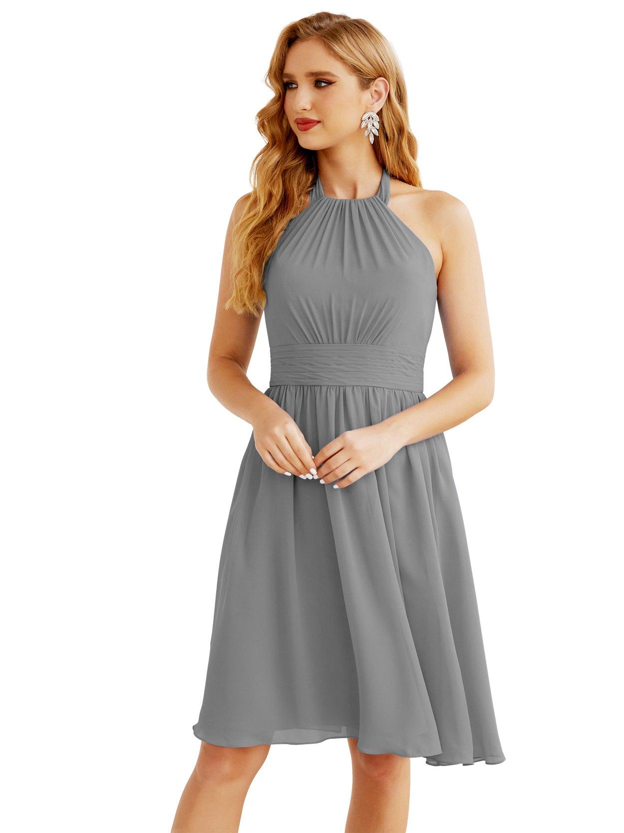 Baoleely Halter Chiffon Bridesmaid Dresses Short Sleeveless Formal Party Dress Open Back 28023