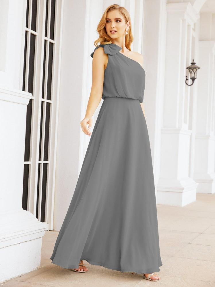 Numbersea Chiffon Ruffled One Shoulder Sleeveless Long Bride Dresses A-line Formal Evening Gown Side Split 28057