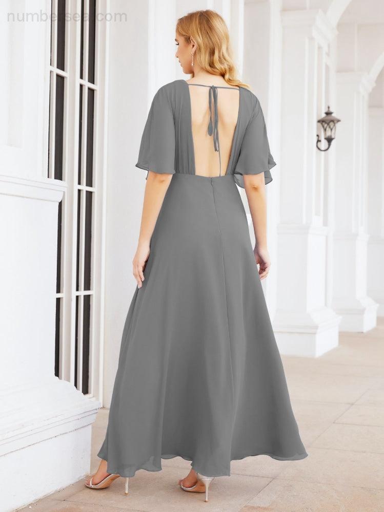 Numbersea V-Neck Bridesmaid Dress Chiffon Long Open Back Formal Dresses for Women Party Evening 28067