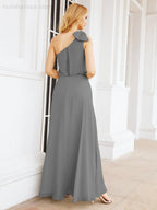 Numbersea Chiffon Ruffled One Shoulder Sleeveless Long Bride Dresses A-line Formal Evening Gown Side Split 28057
