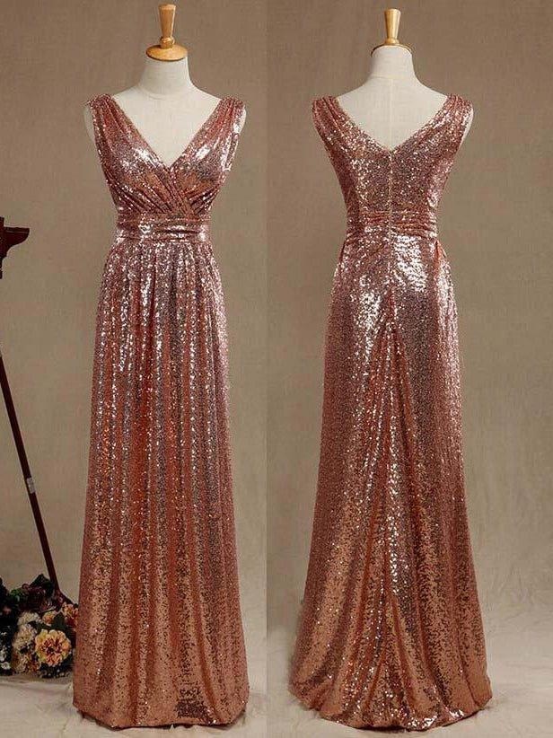 Numbersea Sheath Column Rose Gold Sequin Bridesmaid Dress Sheath Column V-neck Evening dress