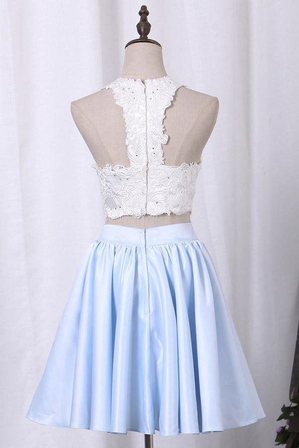 Two-Piece Scoop Homecoming Dresses A Line Satin With Applique