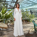 Wedding Dress Custom V Neck Long Sleeves Lace Sashes A Line Chiffon Back Lacing Beach Bridal Gown