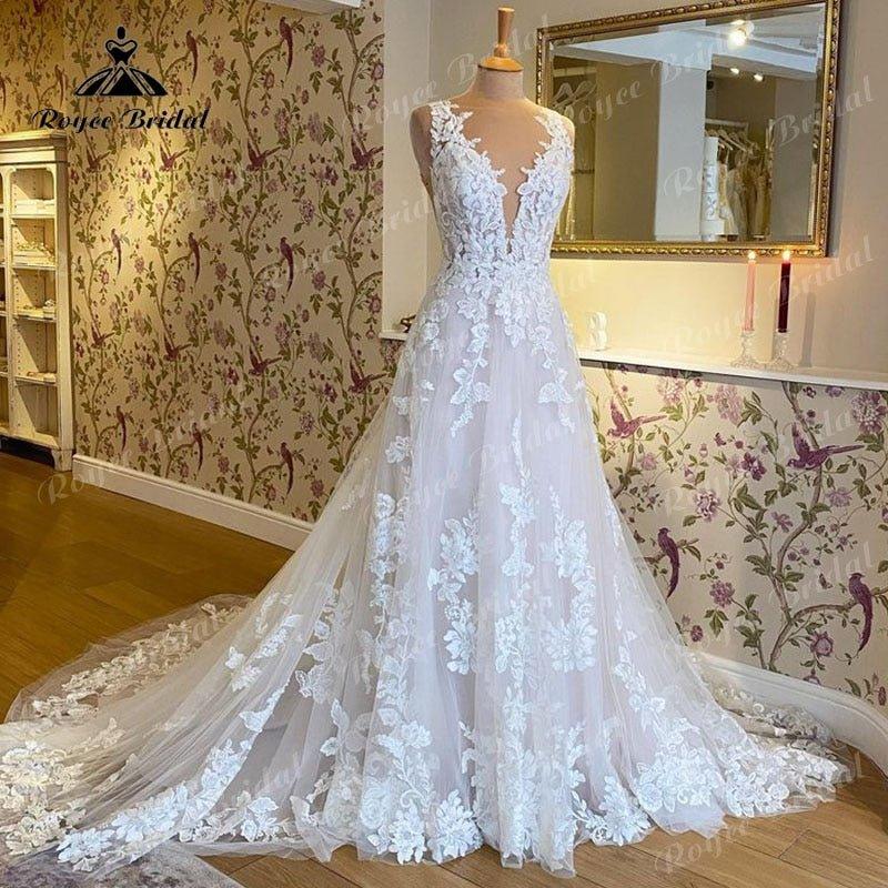 Robe Mariee Sleeveless V Neck Wedding Dress Lace Applique Blush Pink Backless Bridal Gown robe de soirée de mariage Elegant