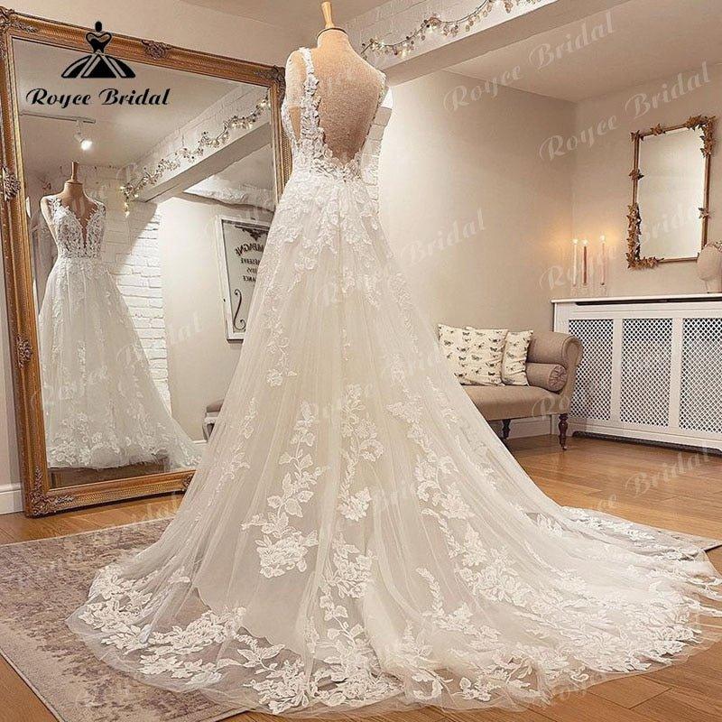 Robe Mariee Sleeveless V Neck Wedding Dress Lace Applique Blush Pink Backless Bridal Gown robe de soirée de mariage Elegant