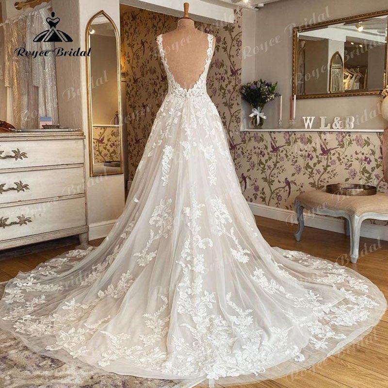 Robe Mariee Sleeveless V Neck Wedding Dress Lace Applique Blush Pink Backless Bridal Gown robe de soirée de mariage Elegant