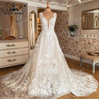 Robe Mariee Sleeveless V Neck Wedding Dress Lace Applique Blush Pink Backless Bridal Gown robe de soirée de mariage Elegant