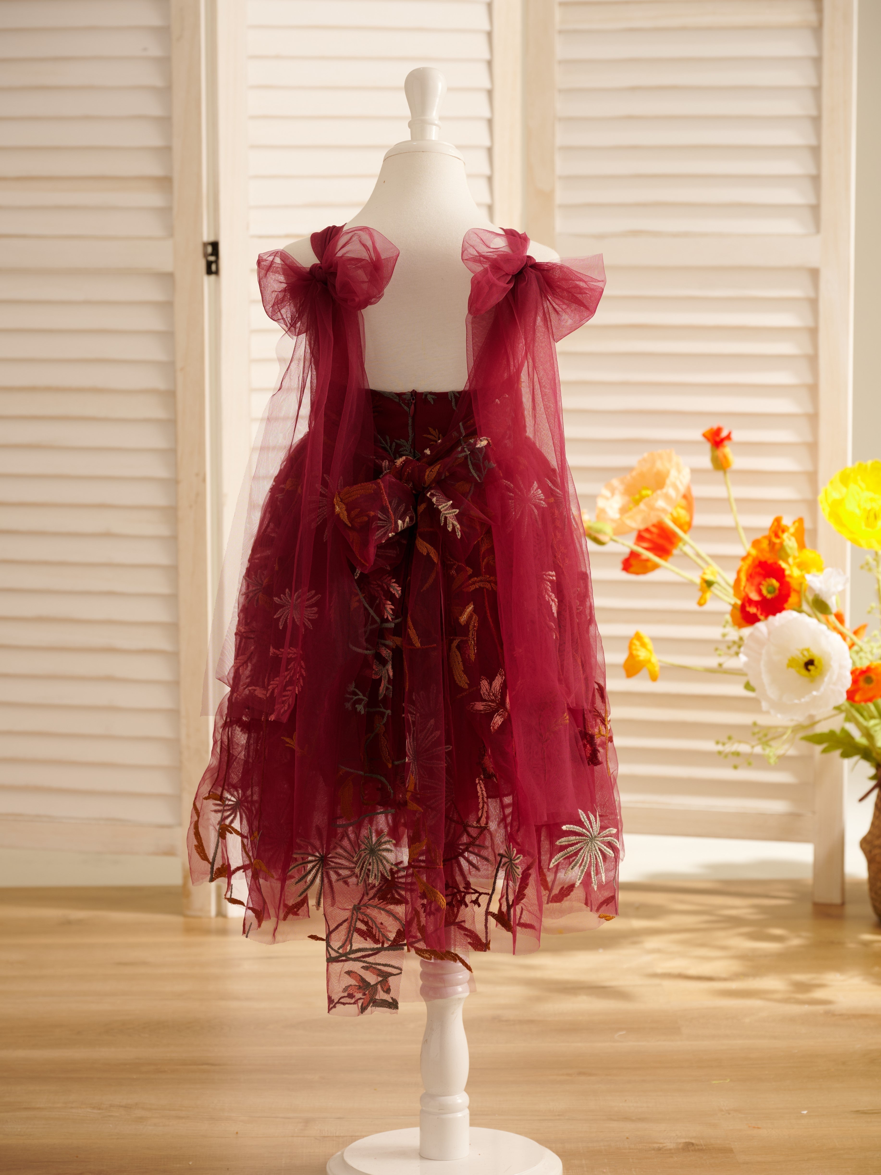 Burnt Orange Lace Tulle Embroidered Toddler Knee Length Flower Girl Dress