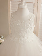 Princess Sleeveless Tulle Gown with Lace Appliques and Sweep Train for Girls