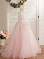 Pink Princess Ball Gown for Girls with Lace Appliqués