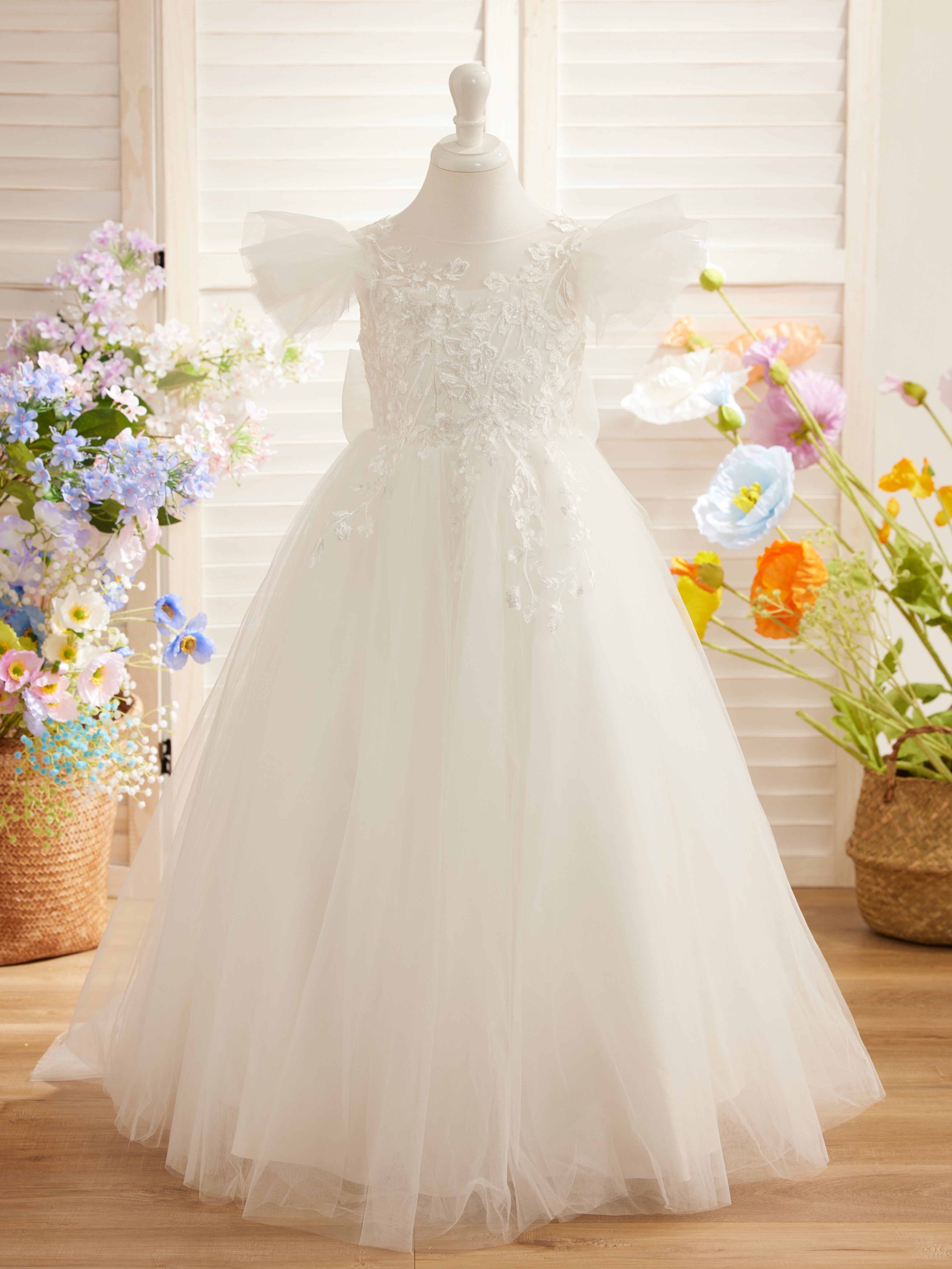 Detachable  Lace Tulle Sweep Train Flower Girl Dress
