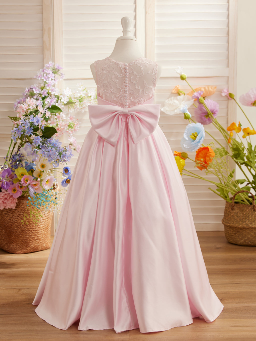 A-line Lace Satin Floor-length First Communion Flower Girl Dress