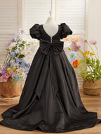 Puff Sleeve Bow Button Back Sweep Train Flower Girl Dress