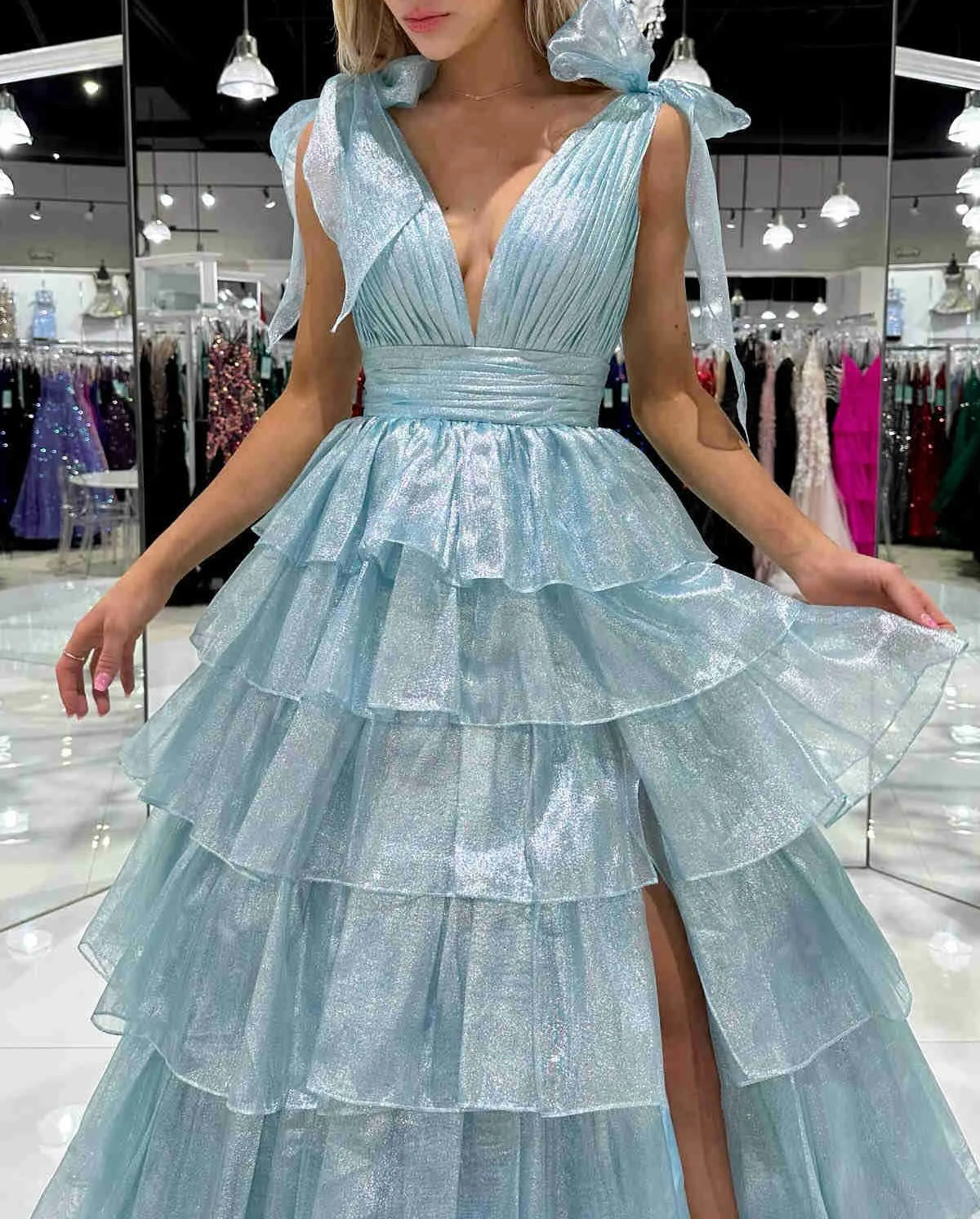 RGlitter Tie Straps Pink Plunging Neck Tiered Long Prom Dress
