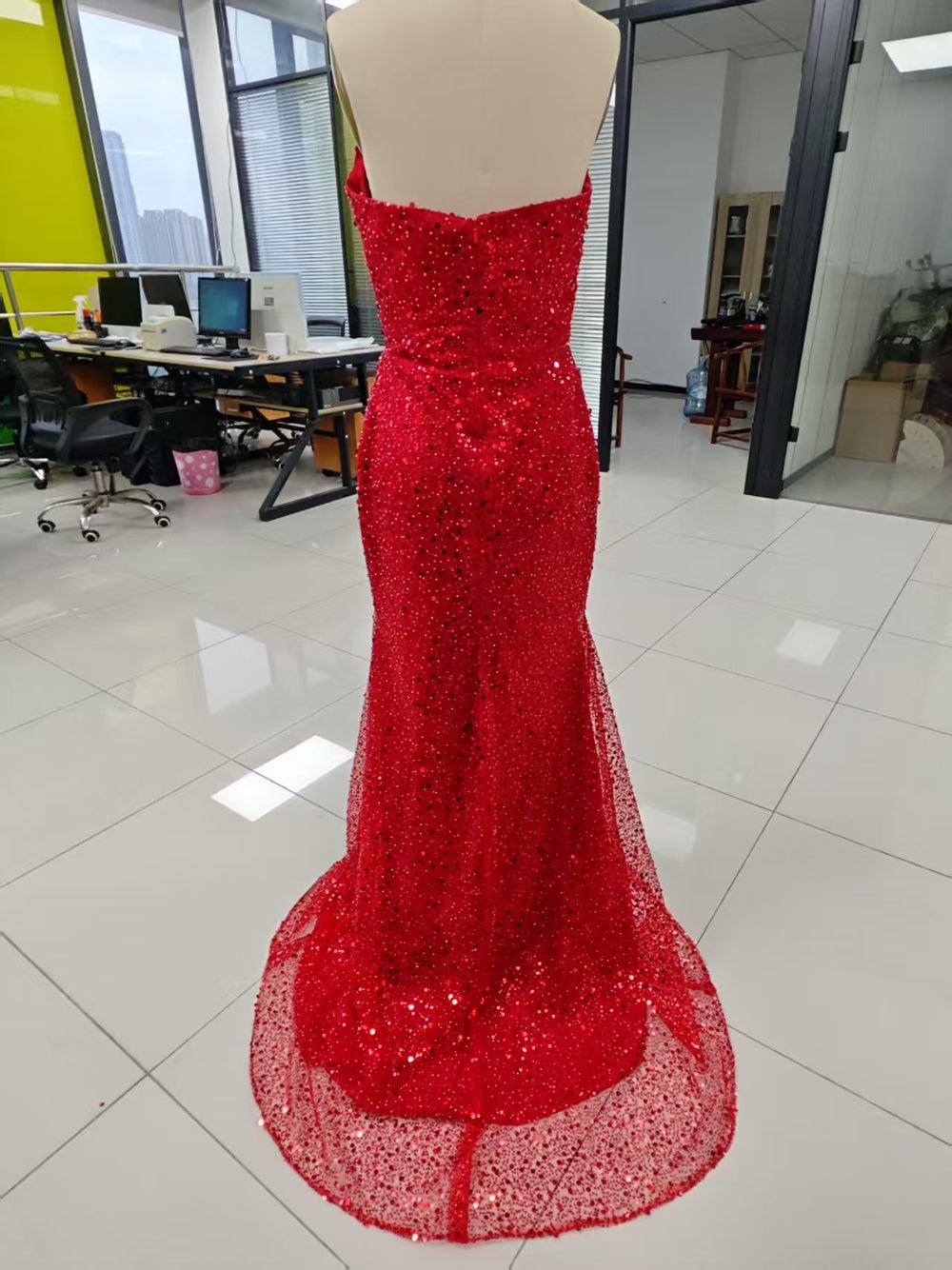Numbersea Elegant & Luxurious V-Neck Sleeveless Sequins Side Slit Sheath Evening Party Prom Dress