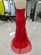 Numbersea Elegant & Luxurious V-Neck Sleeveless Sequins Side Slit Sheath Evening Party Prom Dress