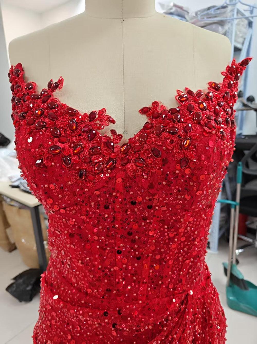 Numbersea Elegant & Luxurious V-Neck Sleeveless Sequins Side Slit Sheath Evening Party Prom Dress