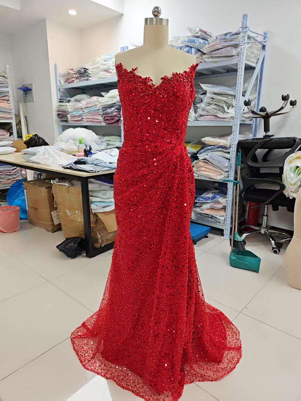 Numbersea Elegant & Luxurious V-Neck Sleeveless Sequins Side Slit Sheath Evening Party Prom Dress