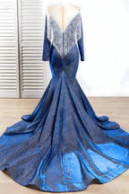 Luxury Mermaid Long Sleeve Shiny Blue Tassels Junior Prom Dresses with Court Train
