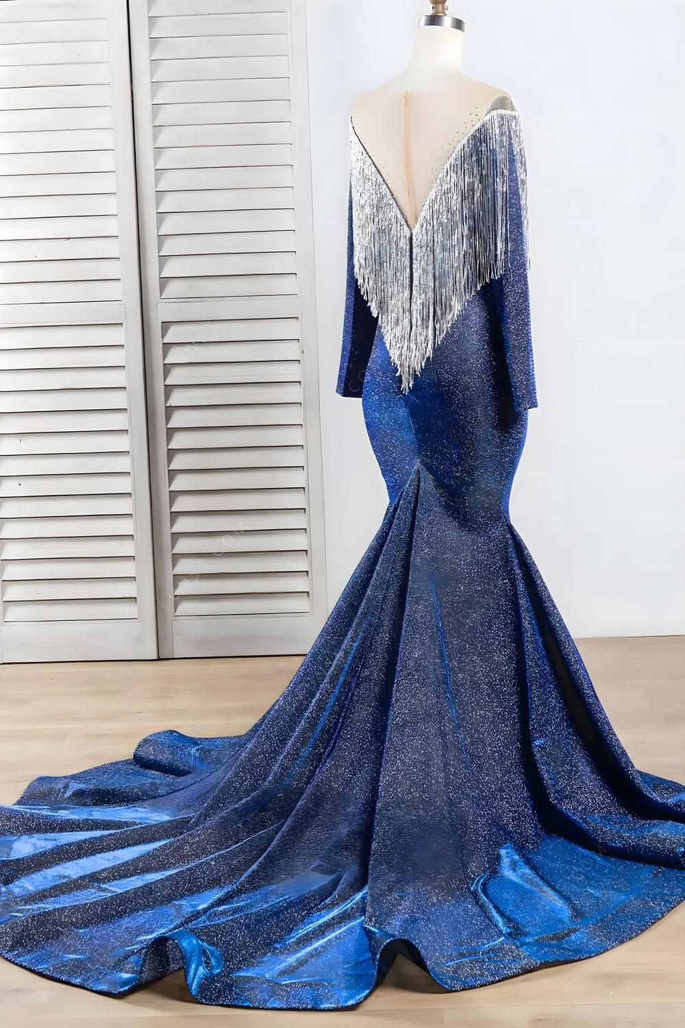 Luxury Mermaid Long Sleeve Shiny Blue Tassels Junior Prom Dresses with Court Train