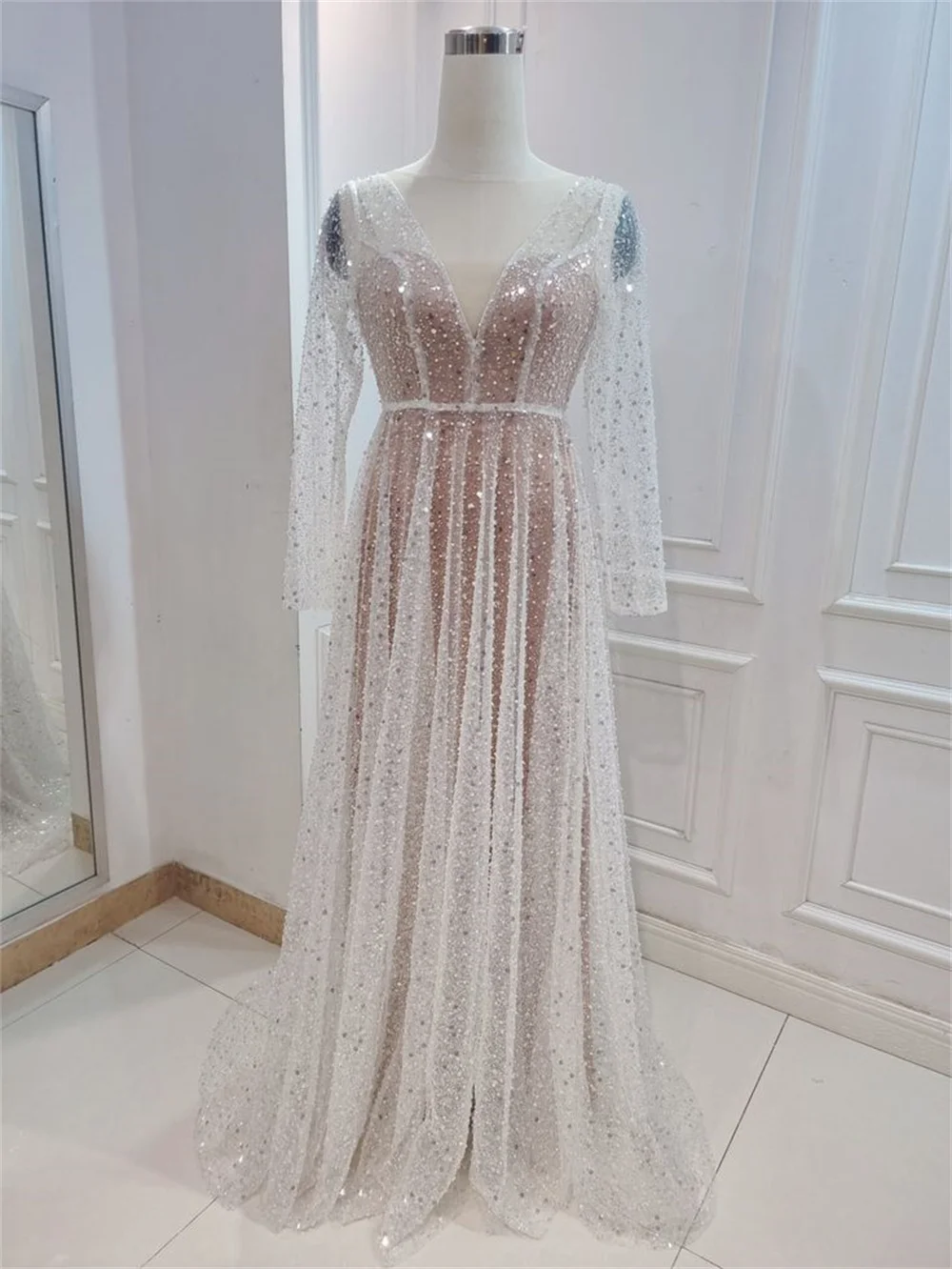 NumberSea Bling Lace A-line Deep V-neck See Through Long Sleeves Wedding Dresses, MW572