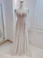 NumberSea Bling Lace A-line Deep V-neck See Through Long Sleeves Wedding Dresses, MW572