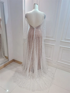 NumberSea Bling Lace A-line Deep V-neck See Through Long Sleeves Wedding Dresses, MW572