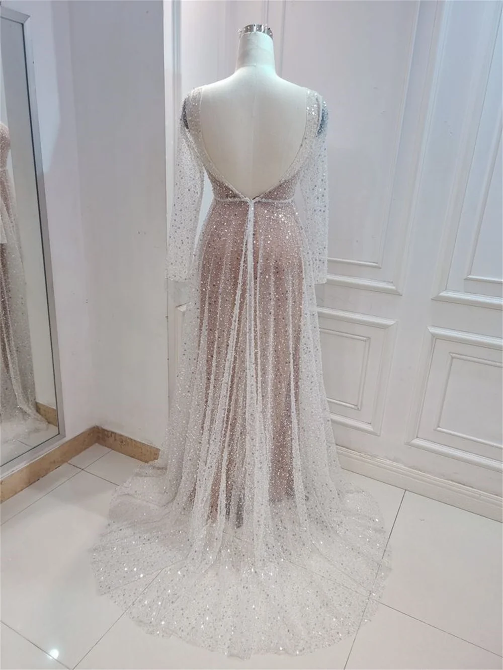 NumberSea Bling Lace A-line Deep V-neck See Through Long Sleeves Wedding Dresses, MW572
