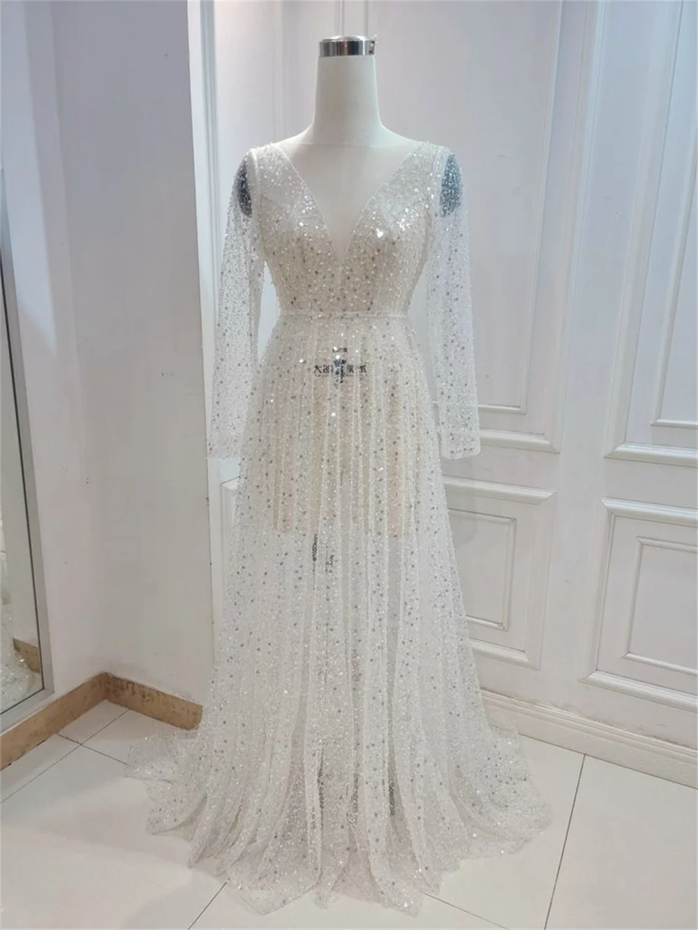 NumberSea Bling Lace A-line Deep V-neck See Through Long Sleeves Wedding Dresses, MW572