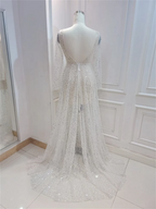 NumberSea Bling Lace A-line Deep V-neck See Through Long Sleeves Wedding Dresses, MW572