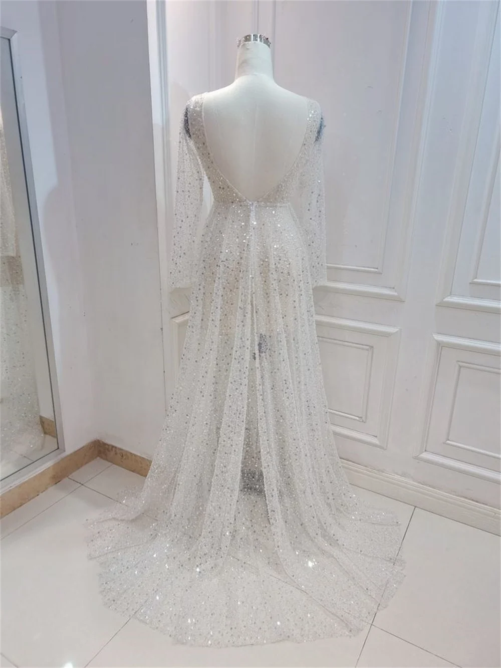 NumberSea Bling Lace A-line Deep V-neck See Through Long Sleeves Wedding Dresses, MW572