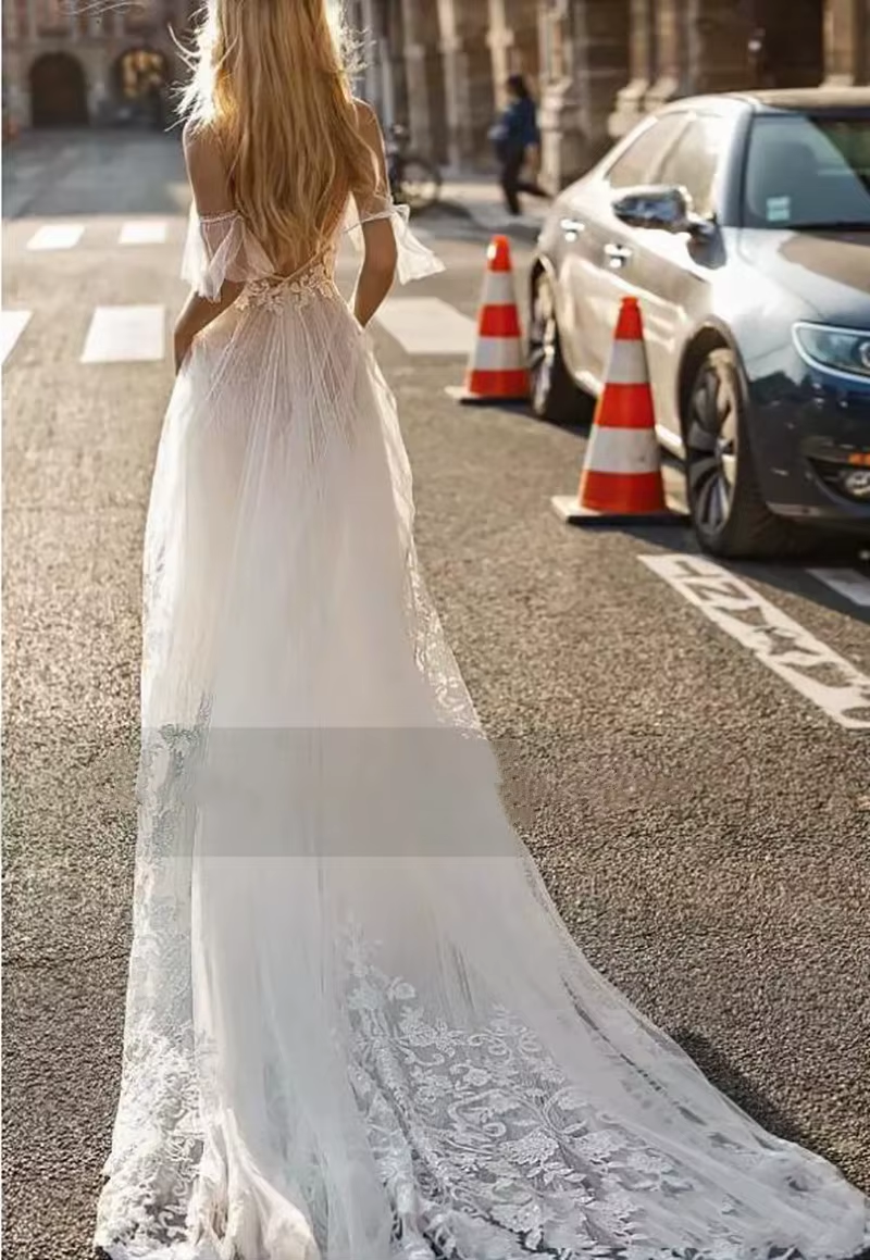 NumberSea Boho Beach A Line Wedding Dresses Sexy Spaghetti Lace Appliques