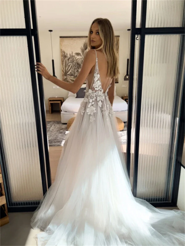 Stunning Tulle Lace See Through Sweetheart Boho Wedding Dresses