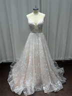 NumberSea Tulle A-line V-neck Spaghetti Straps Lace Appliques Wedding Dresses, MW863