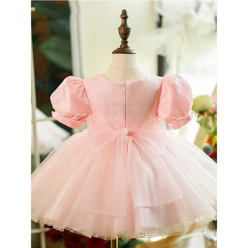 Flower Girl Dress Toddler Pink Puff Sleeves Fluffy Mesh Communion Princess Dress