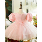 Flower Girl Dress Toddler Pink Puff Sleeves Fluffy Mesh Communion Princess Dress