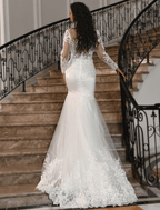 Royal Style Formal Wedding Dresses Sweep / Brush Train Mermaid / Trumpet Long Sleeve Scoop Neck Lace With Beading Appliques