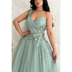 V-Neck One Shoulder Appliqued Ruched Tulle A-Line Long Evening Dress