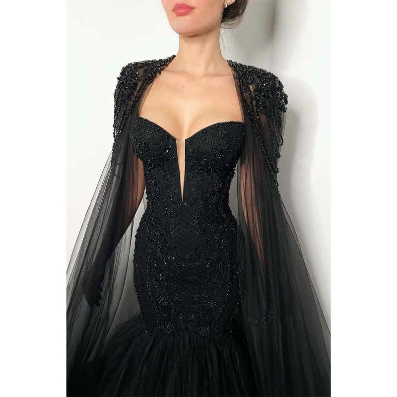 Sexy Deep V Neck Beads Black Mermaid Formal Party Dress with Train