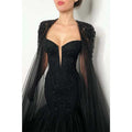 Sexy Deep V Neck Beads Black Mermaid Formal Party Dress with Train