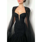 Sexy Deep V Neck Beads Black Mermaid Formal Party Dress with Train