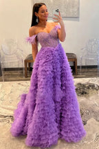 Off the Shoulder Tulle Tiered A-Line Long Corset Prom Dress with Beading