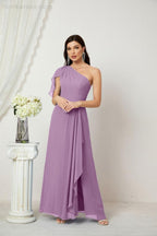 Numbersea  Chiffon Ruffled One Shoulder Long Bridesmaid Dresses A-line Formal Evening Gown Side Split 2809