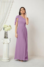 Numbersea  Chiffon Ruffled One Shoulder Long Bridesmaid Dresses A-line Formal Evening Gown Side Split 2809