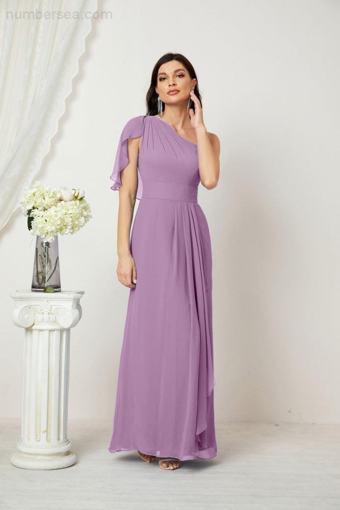 Numbersea  Chiffon Ruffled One Shoulder Long Bridesmaid Dresses A-line Formal Evening Gown Side Split 2809