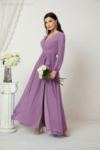 Numbersea Evening Dresses Deep V-Neck Chiffon Bridesmaid Dresses Long Bishop Sleeve Side Split Formal Dress 2806