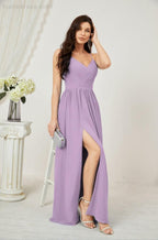 Baoleely  Neck Bridesmaid Dresses Chiffon Long Spaghetti A-line Formal Prom Gown for Wedding Party Evening 2801