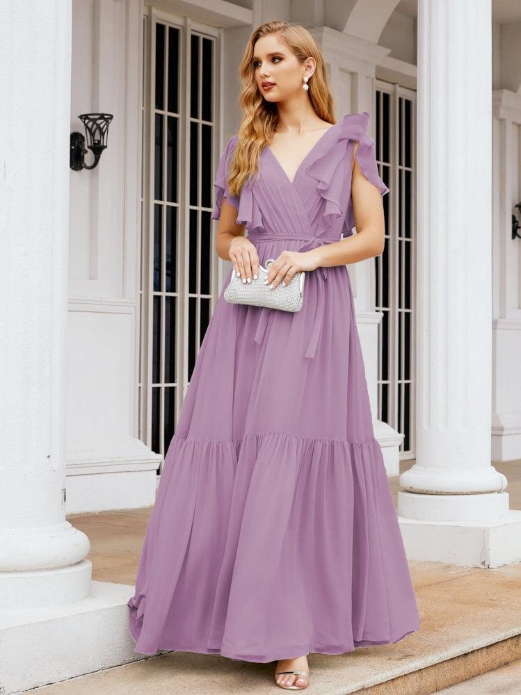 Numbersea Women's Open Back Formal Evening Party Prom Gowns V-Neck Long Chiffon Bridesmaid Dresses with Waist Belt 28038
