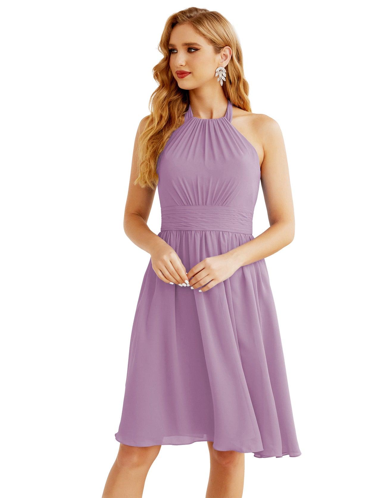 Baoleely Halter Chiffon Bridesmaid Dresses Short Sleeveless Formal Party Dress Open Back 28023